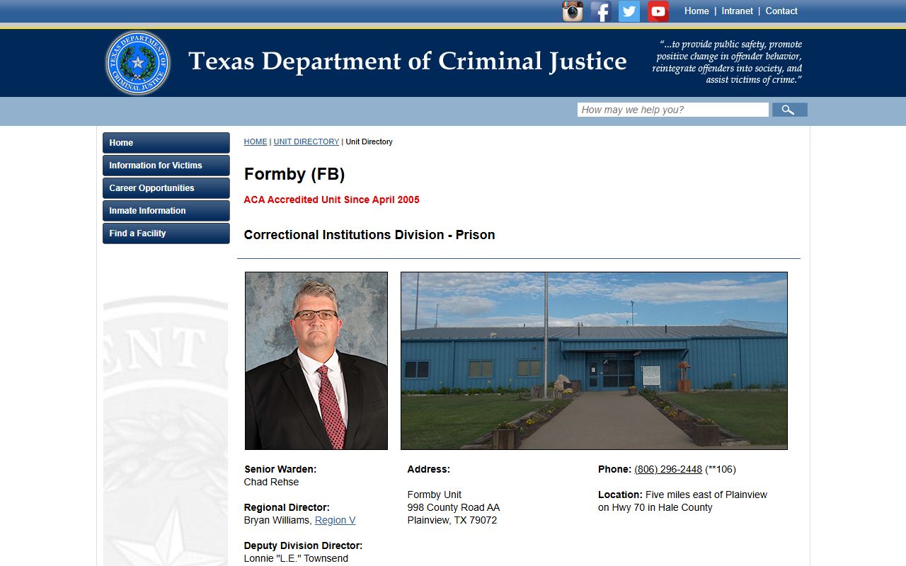 Formby Unit inmate lookup official TDCJ facility profile in Hale County