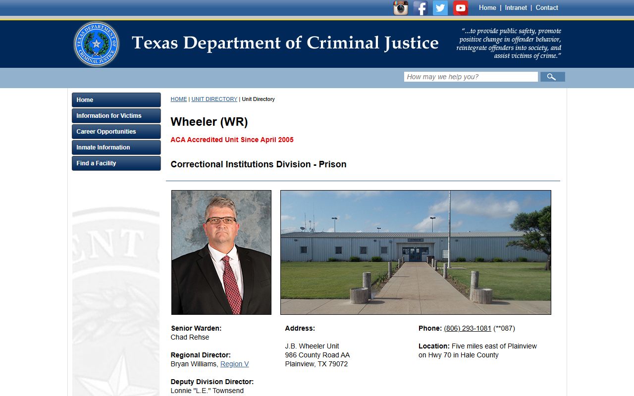 J.B. Wheeler Unit custody search official TDCJ facility profile in Hale County